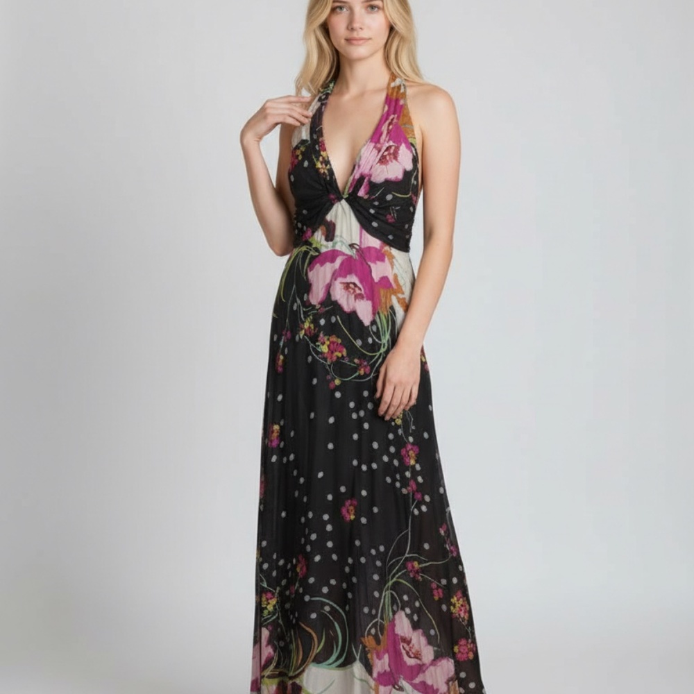 100% Silk Vintage Alberto Makali Halter Dress, Size 8